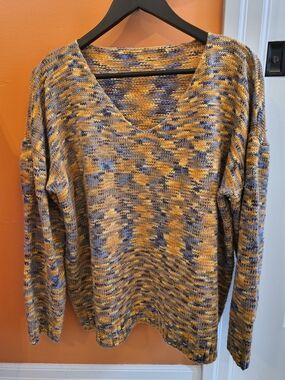 V-Neck Marled Knit Sweater Yellow Orange Green And Blue With Metallic Interwoven